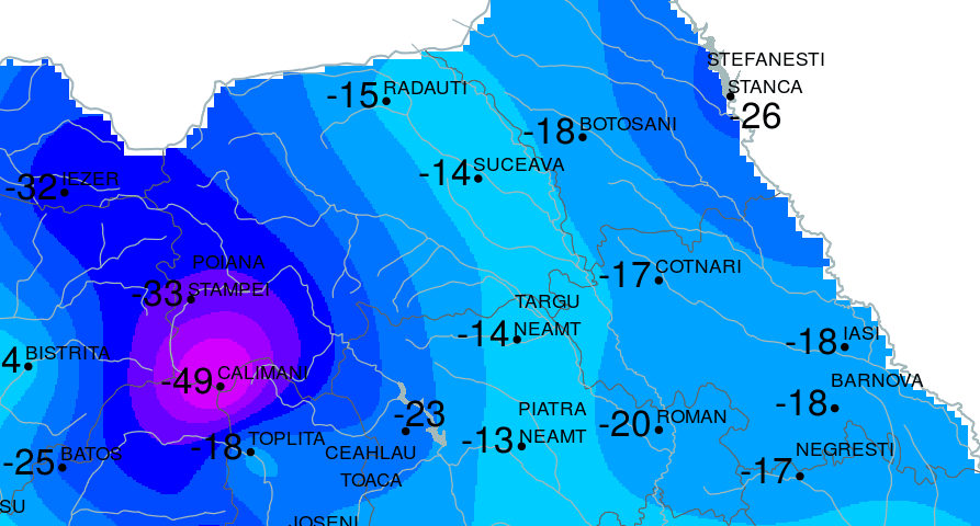 Indicele de răcire luni, 26 februarie 2018, ora 7:00. Sursa Administrația Națională de Meteorologie